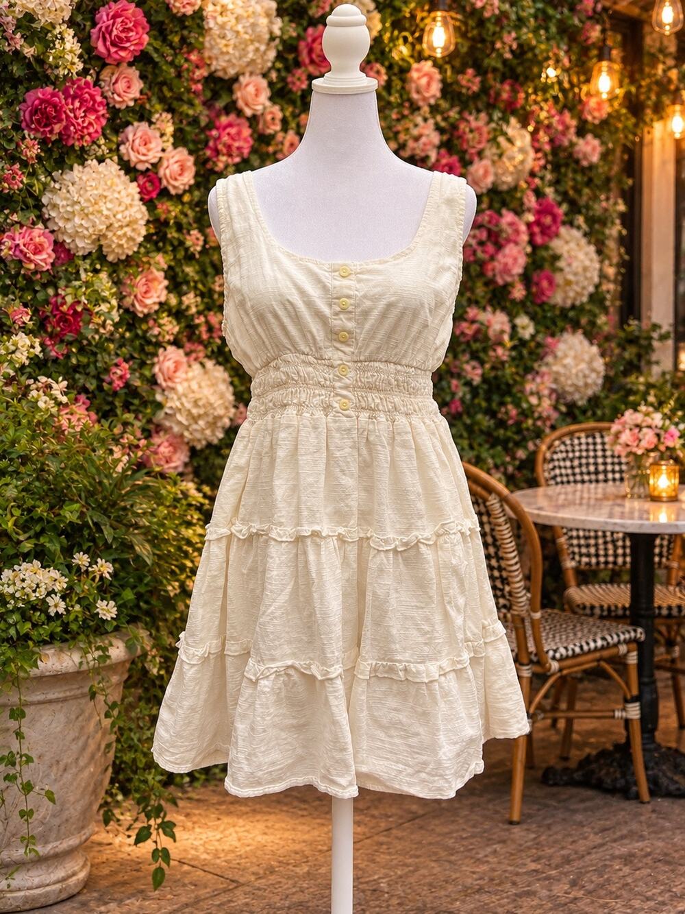 Urban Outfitters White Smocked Waist Tiered Ruffle Mini Dress cottage